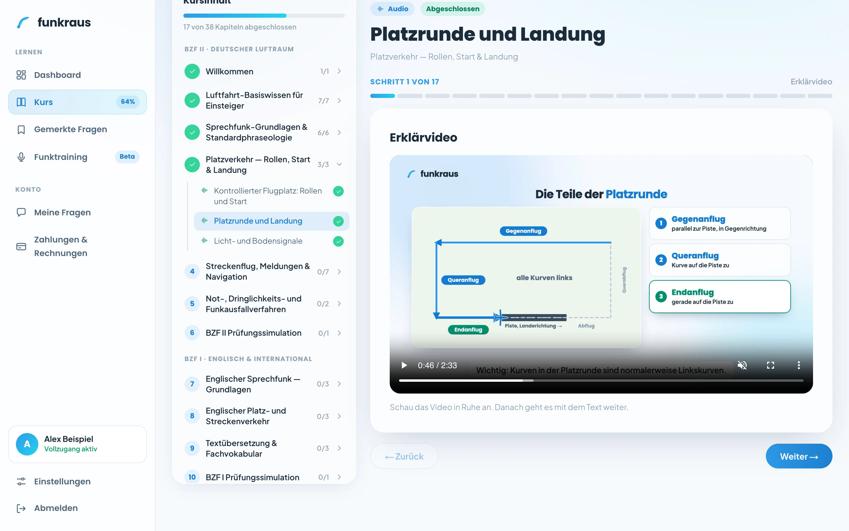 Video-Lektion im BZF-Online-Kurs mit Fortschrittsanzeige