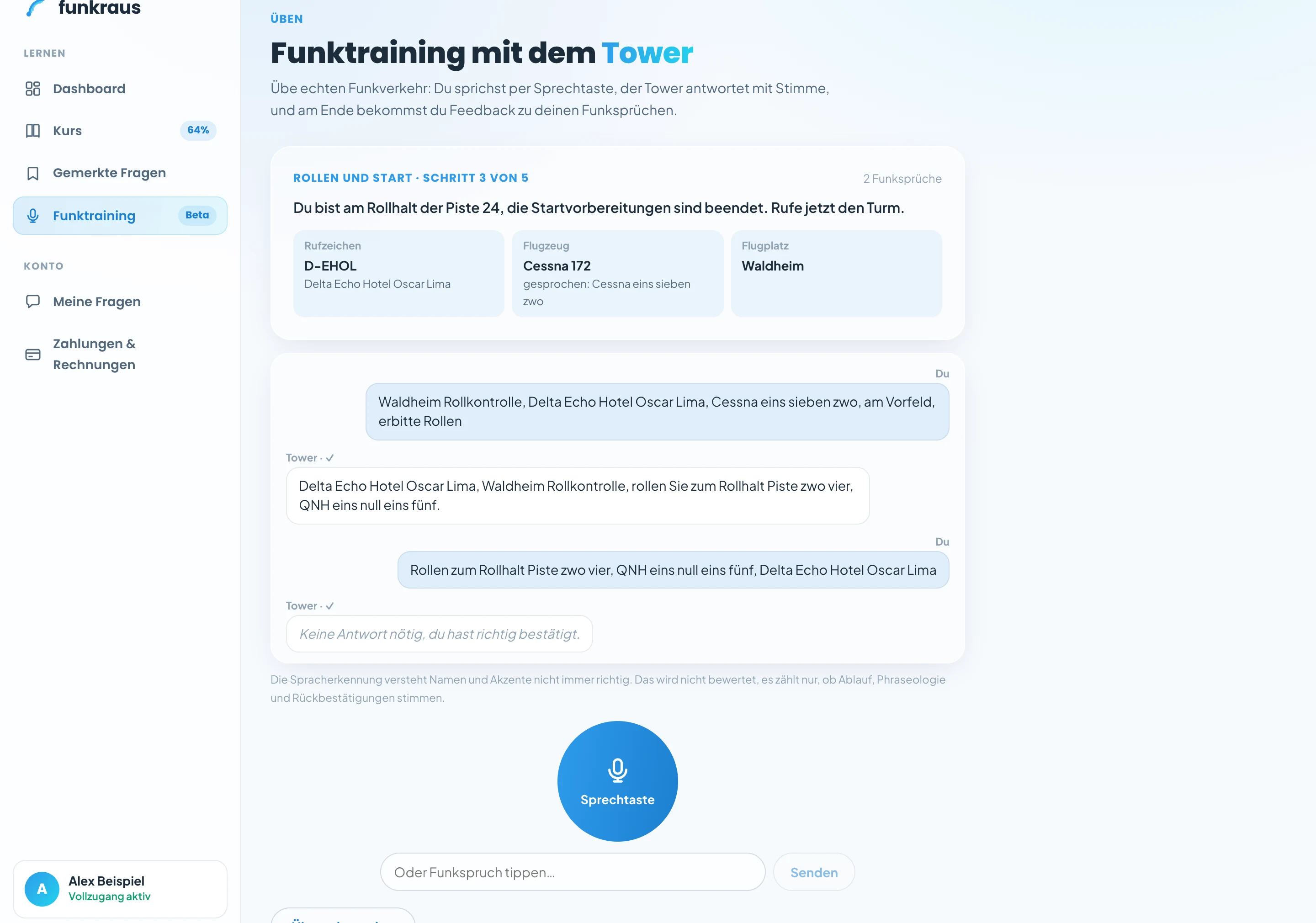 KI-Funktraining im BZF-Online-Kurs: Gespräch mit dem KI-Tower per Sprechtaste